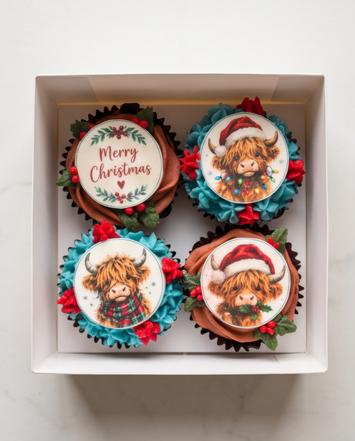Highland Cow Christmas Cupcakes (4-Pack) + Free Cozy Socks
