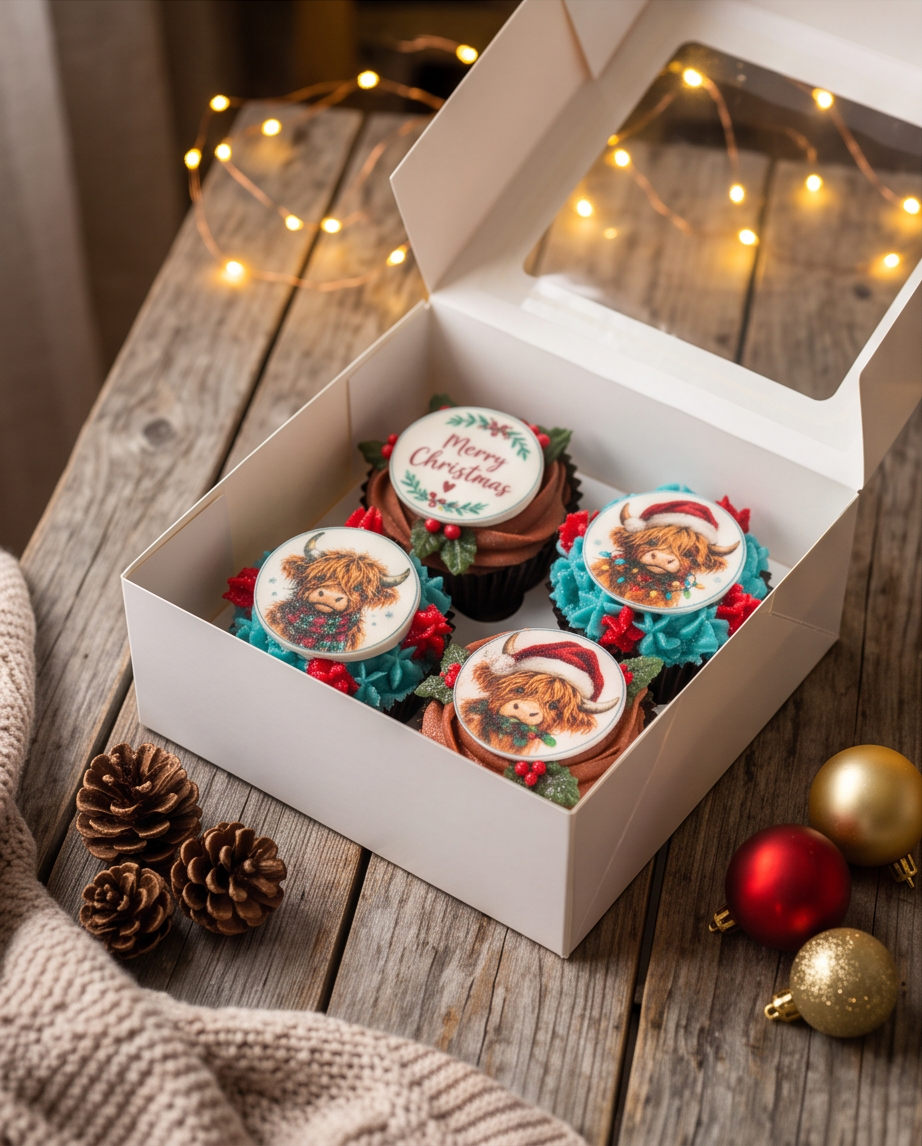 Highland Cow Christmas Cupcakes (4-Pack) + Free Cozy Socks