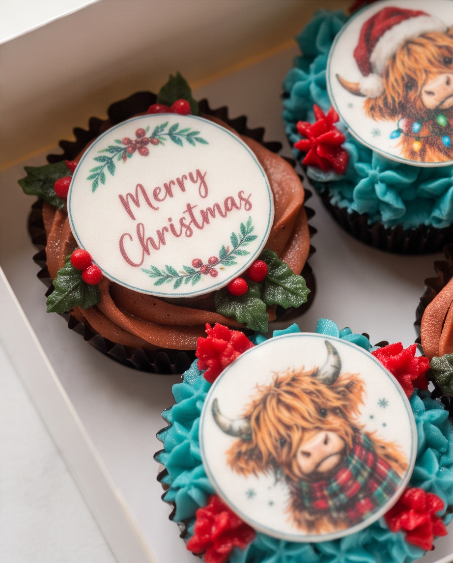 Highland Cow Christmas Cupcakes (4-Pack) + Free Cozy Socks
