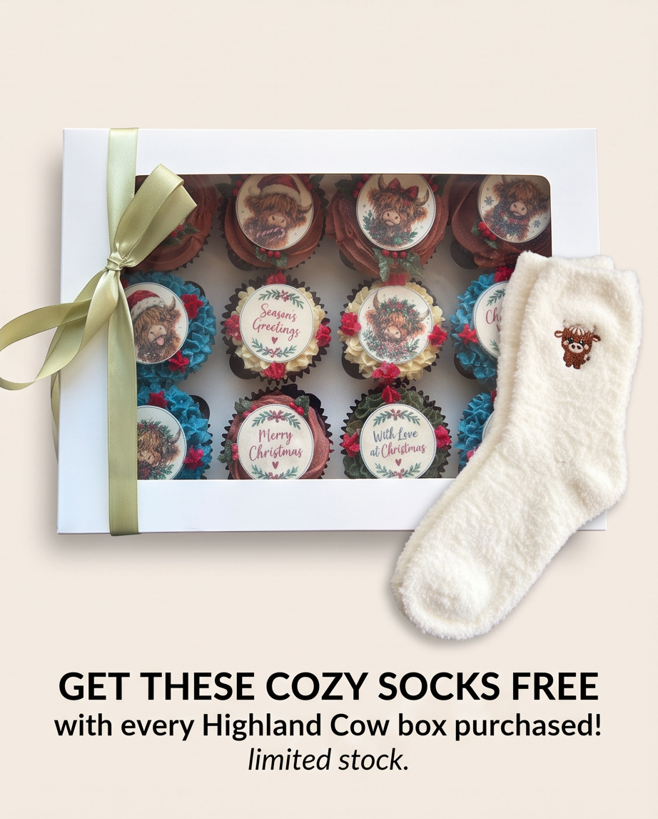 Highland Cow Christmas Cupcakes (12-Pack) + Free Cozy Socks